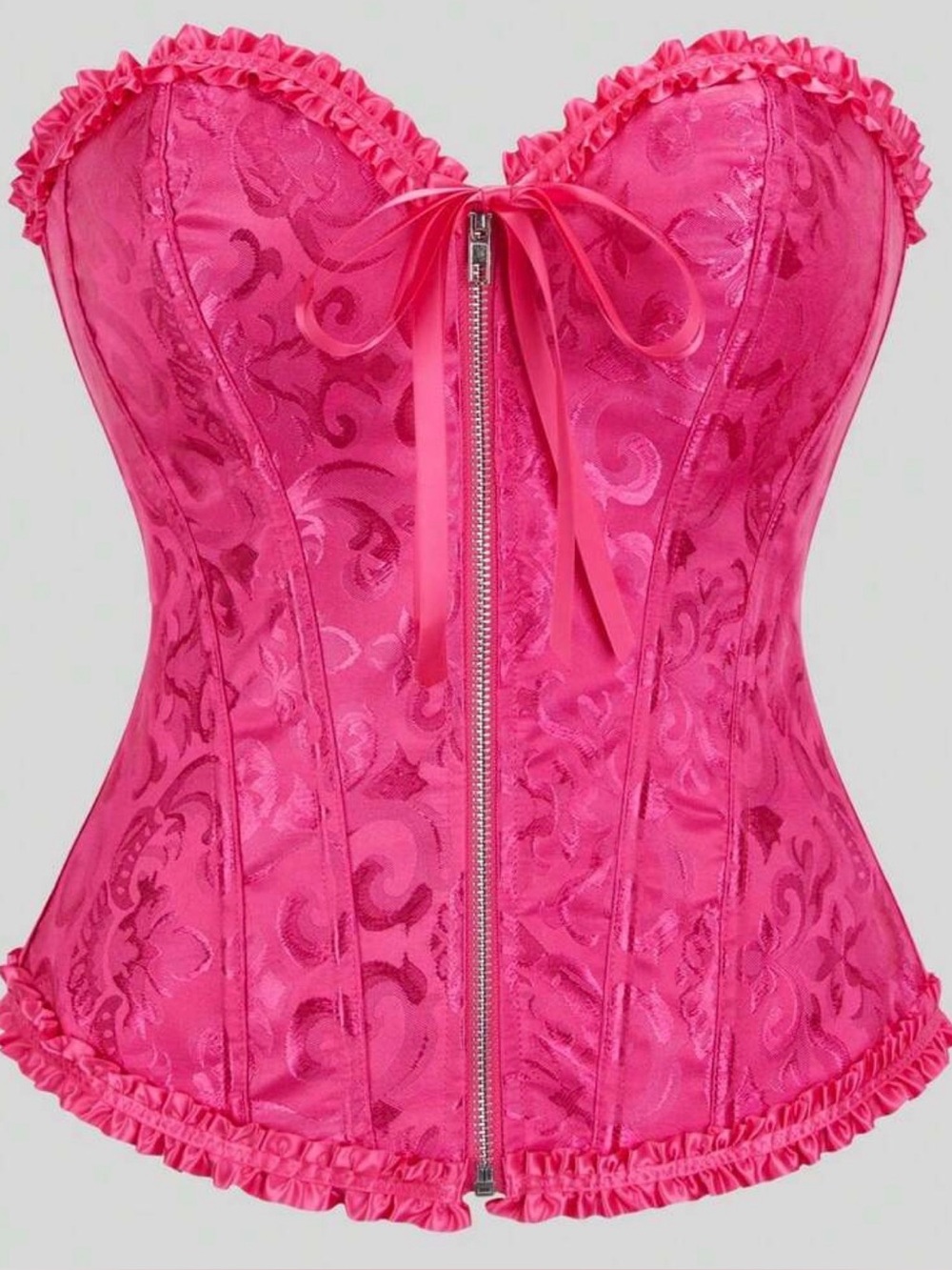 Hot Pink Satin Floral Jacquard Corset Bustier with Front Zip